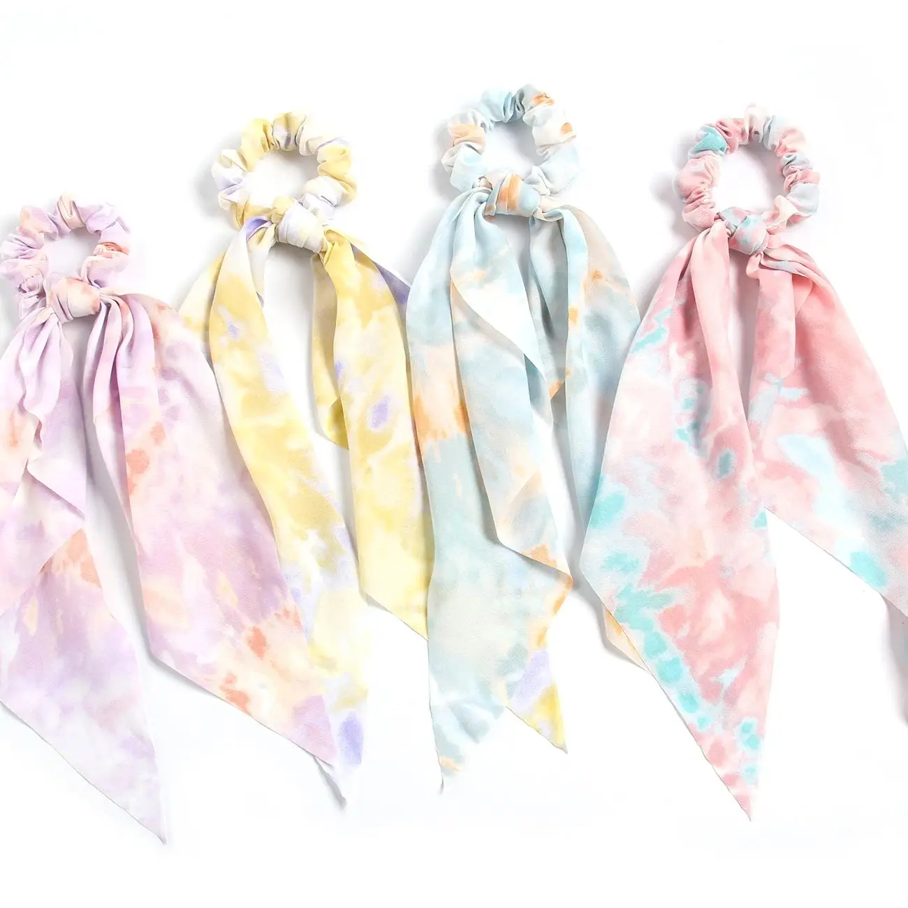 Fashion Color matching Satin Long Ribbon Ponytail Scarf Hair Tie Scrunchies Women Tie dye Elastic Hair Bands Hair Accessories