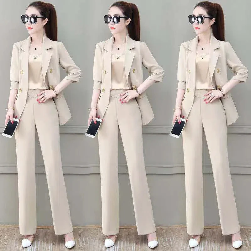 Korean Thin Unlined Blazer Jacket And Wide Leg Pant Suit Spring Office Lady Elegant 2 Piece Set Women Outfits Ensemble Femme