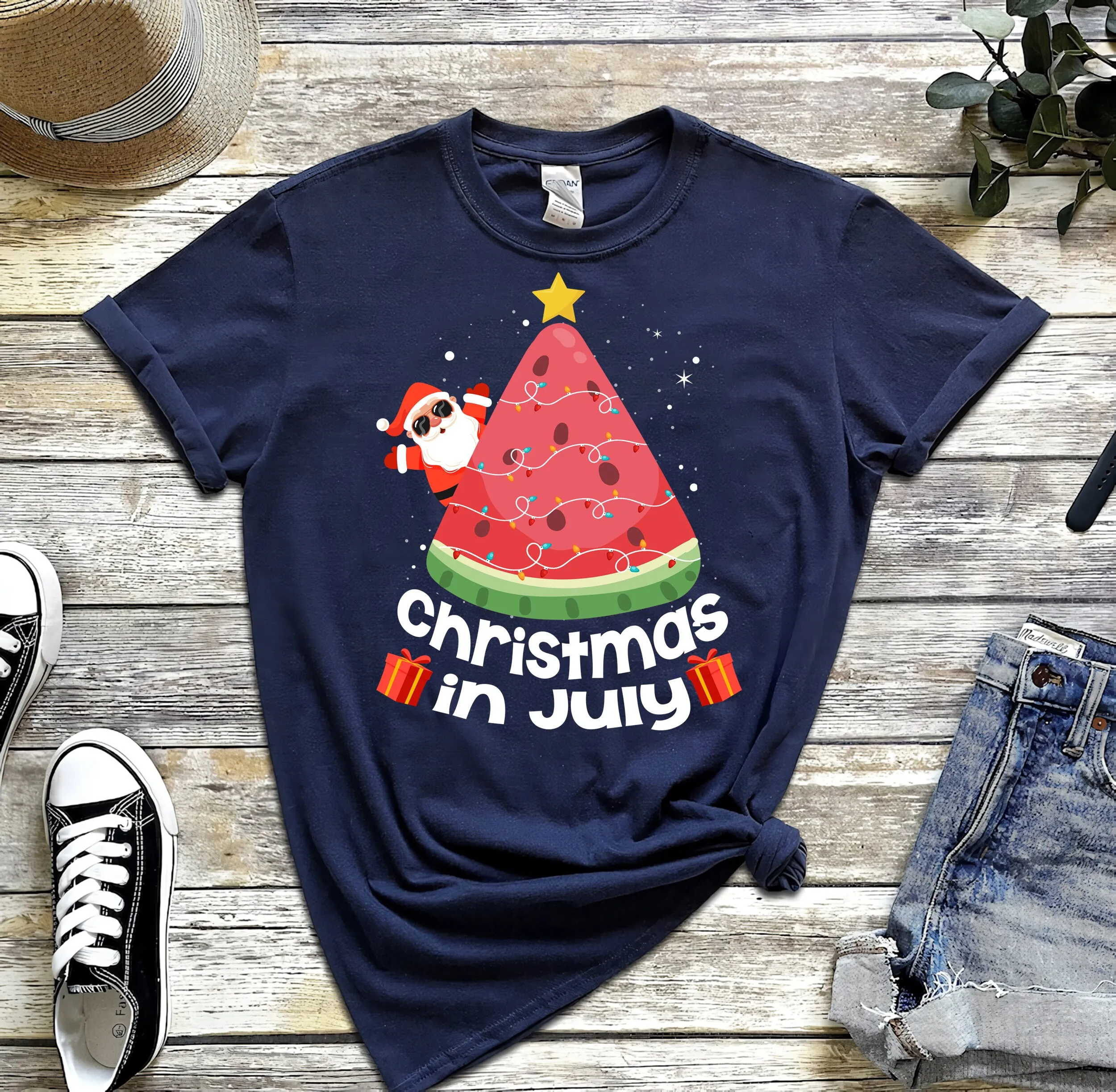 

Christmas In July Watermelon Santa Summer Tree Vintage T Shirt Fashion Xmas Vacation