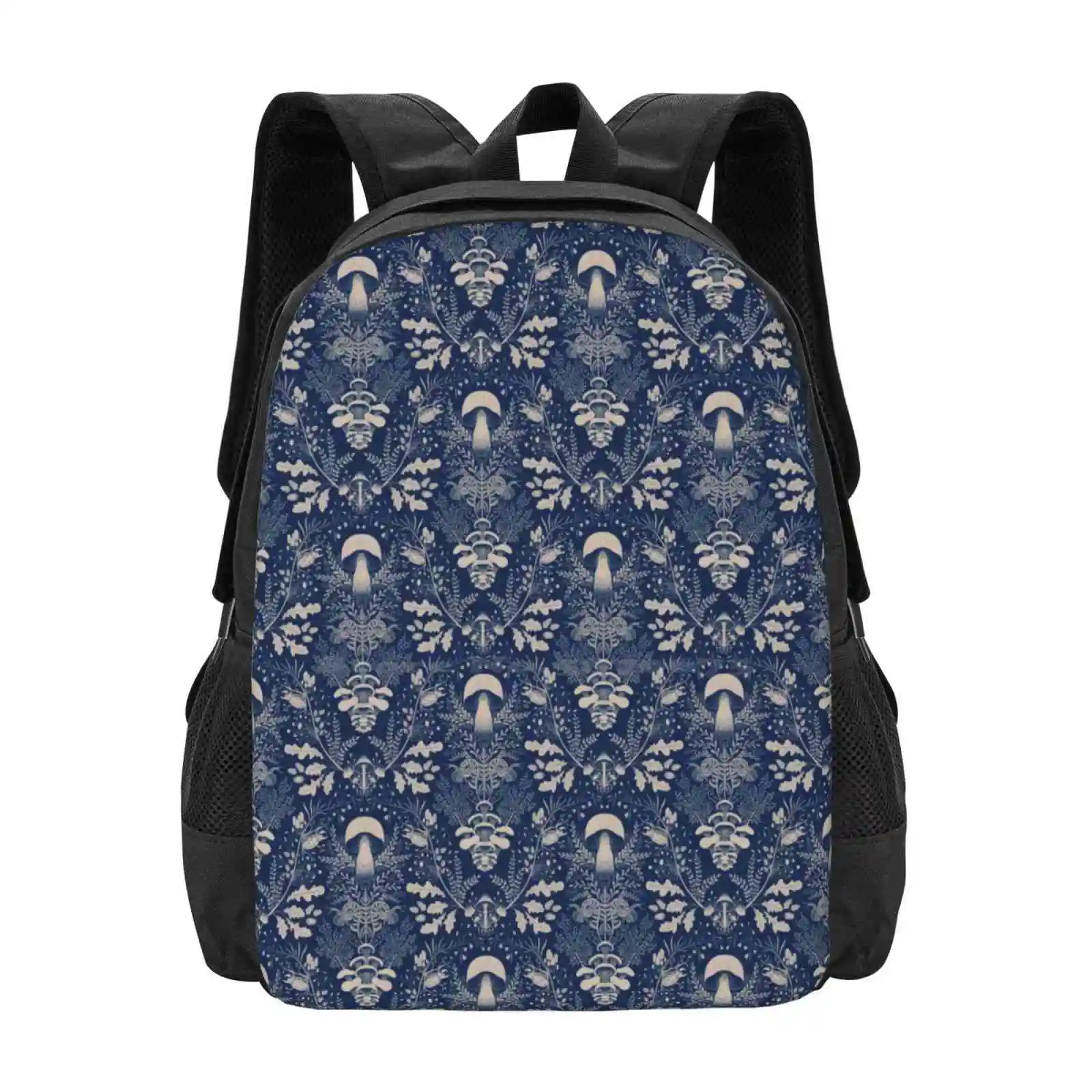 

Mushrooms Forest Damask Navy Blue Beige Hot Sale Schoolbag Backpack Fashion Bags Leafs Bug Snail Pantonecoty22 Damask Forest