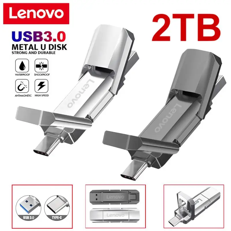 Lenovo 2TB USB Flash 3.0 Drive, logam kapasitas nyata stik memori 1TB 512GB kecepatan tinggi, Penyimpanan Disk U untuk PC