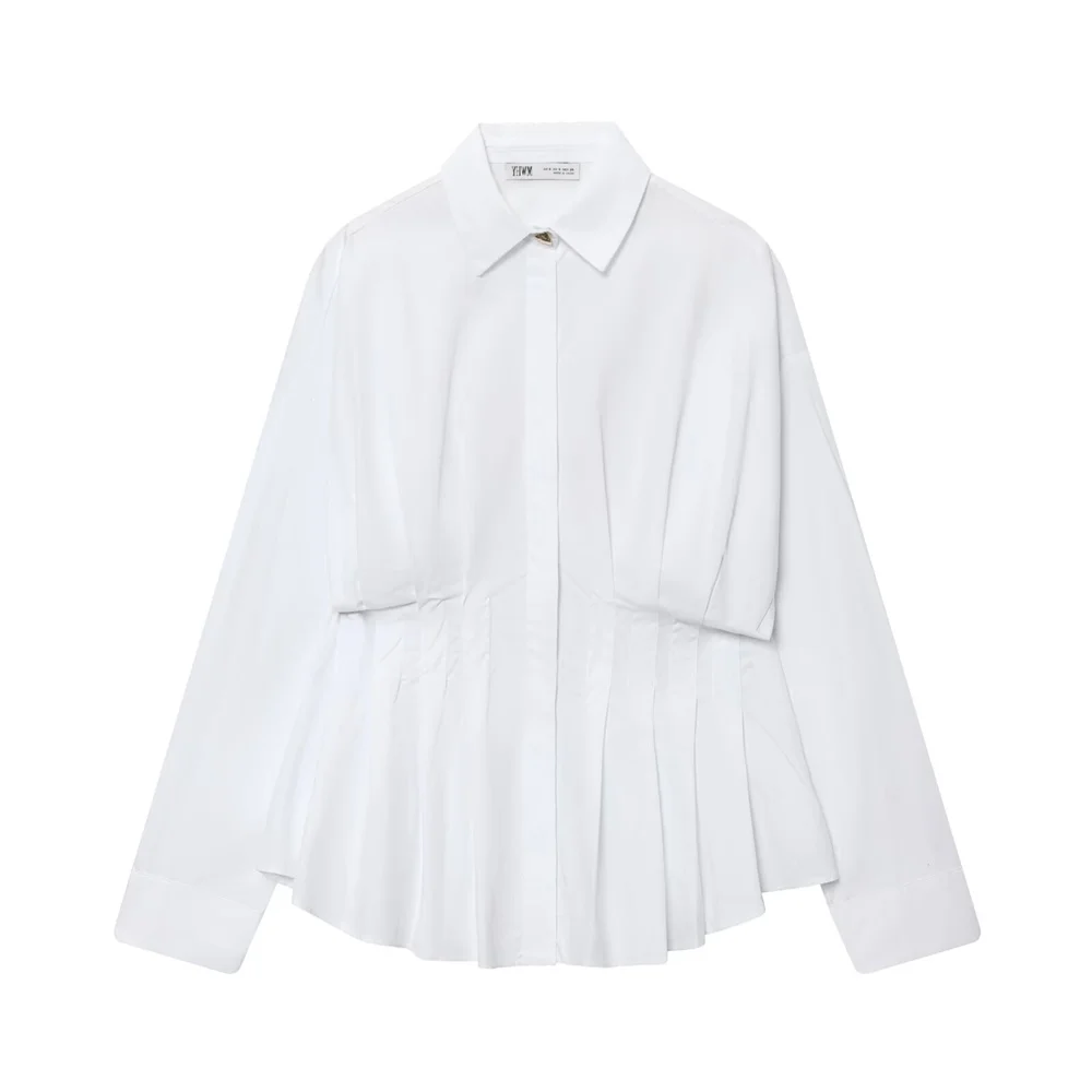 

Европейская и американская осенняя новая женская одежда в стиле простая белая свободная плиссированная рубашка из поплина с длинными рукавами