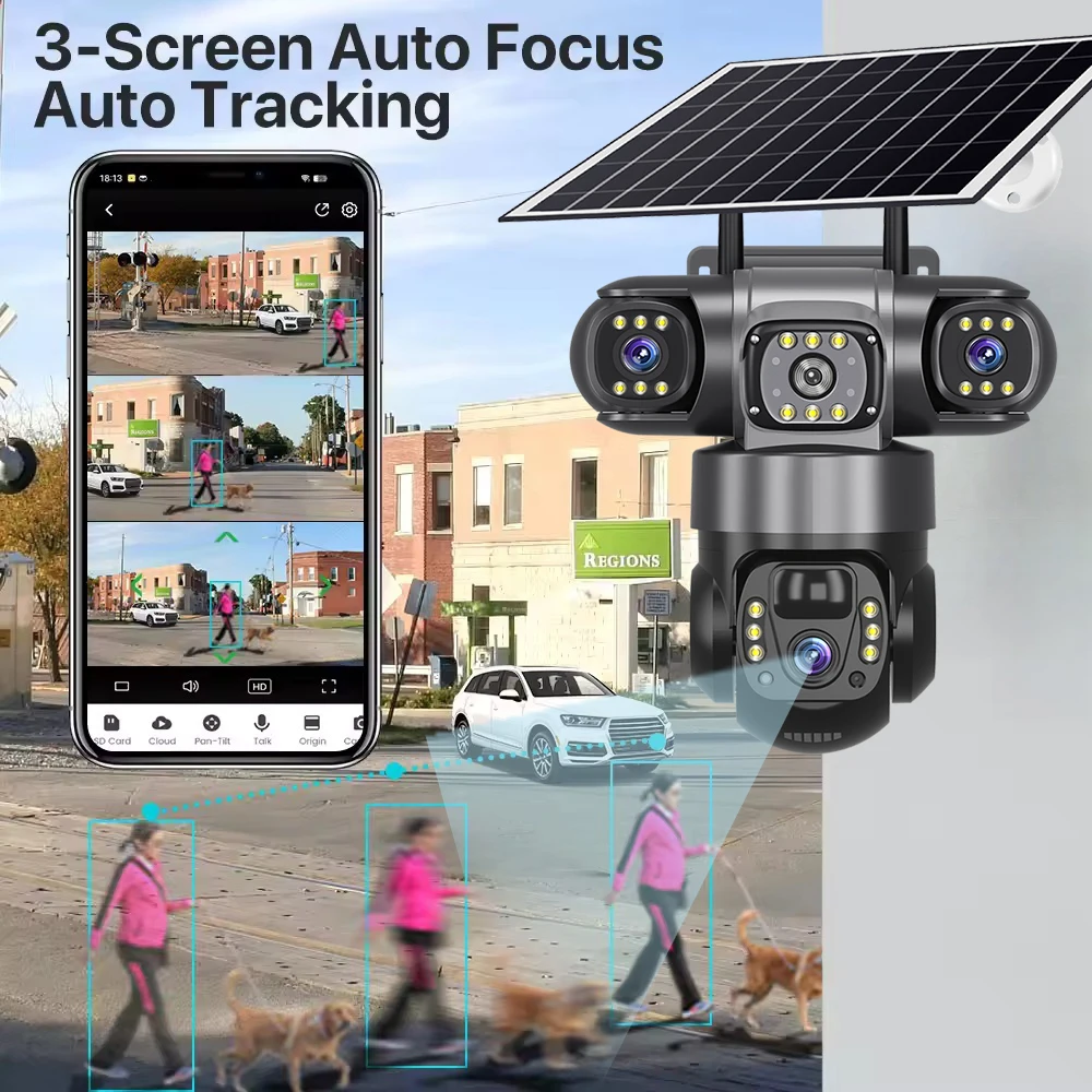 V380Pro Triple Lens 4G Solar Camera Outdoor 12MP 10X Zoom Triple Screen PIR Motion Detection Security Surveillance IP66 PTZ Cam image 2