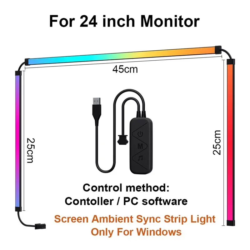 ABBG-Smart Ambient RGB LED Strip Light For PC TV Display Sync Computer Monitor Backlight DIY Game Atmosphere For 24 Inch Screen