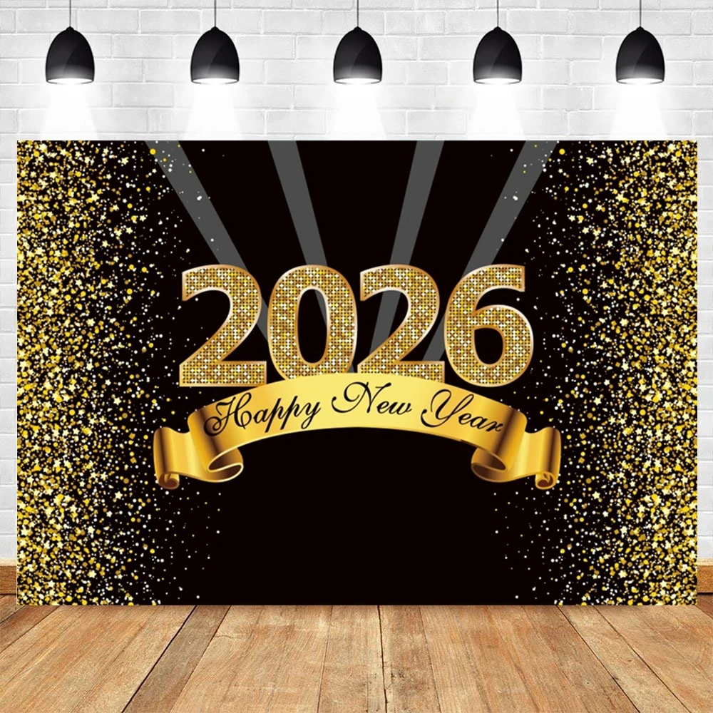 2026 New Year Backgrounds for Photographs Gold Glitter Balloons Clock Champagne Happy New Year Party Decoration Backdrop Banner