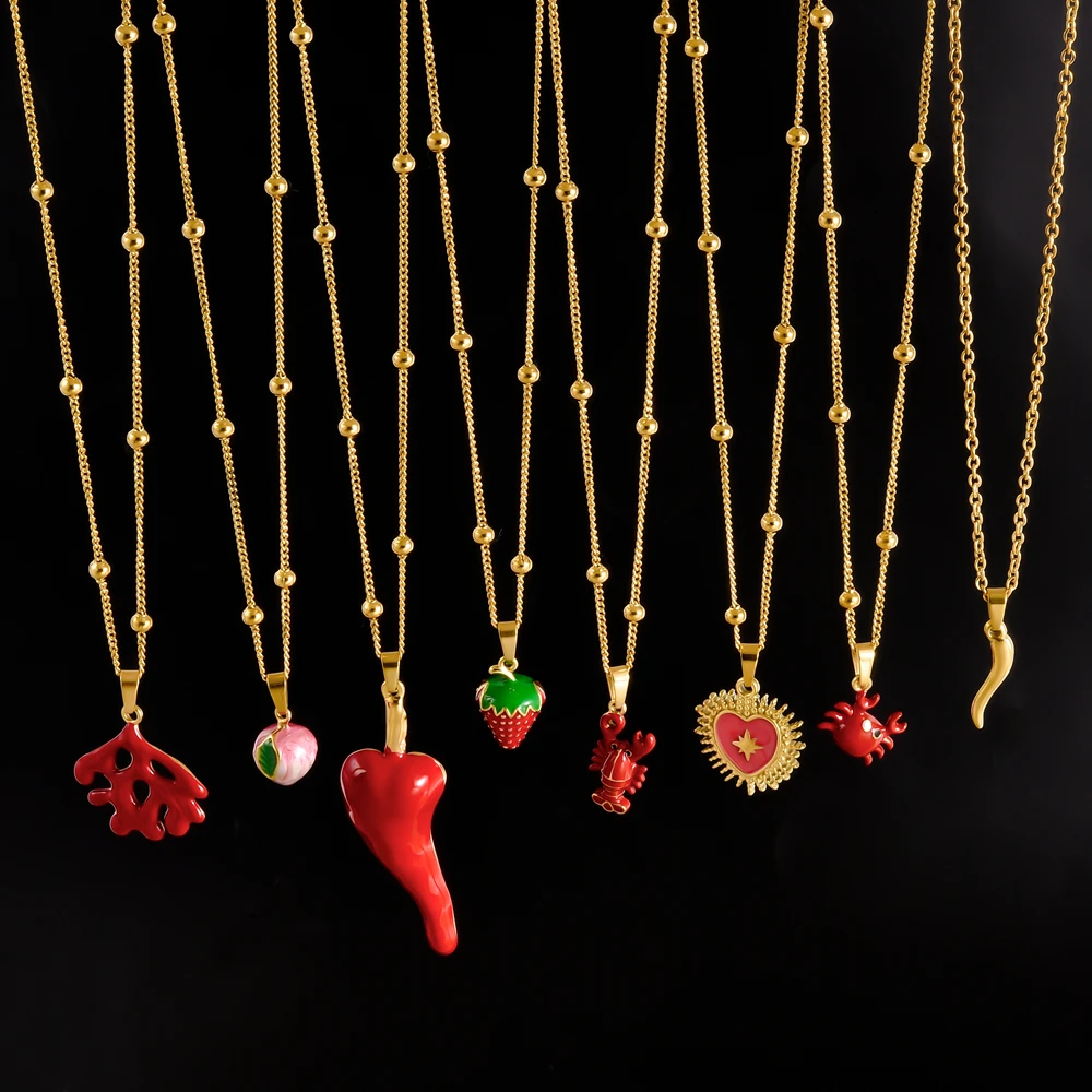 1Pc Hip Hop Italian Chili Red Pepper Y2K Strawberry Aesthetic Neckalaces Goth Sacred Heart Sea Animal Women Collar Jewelry