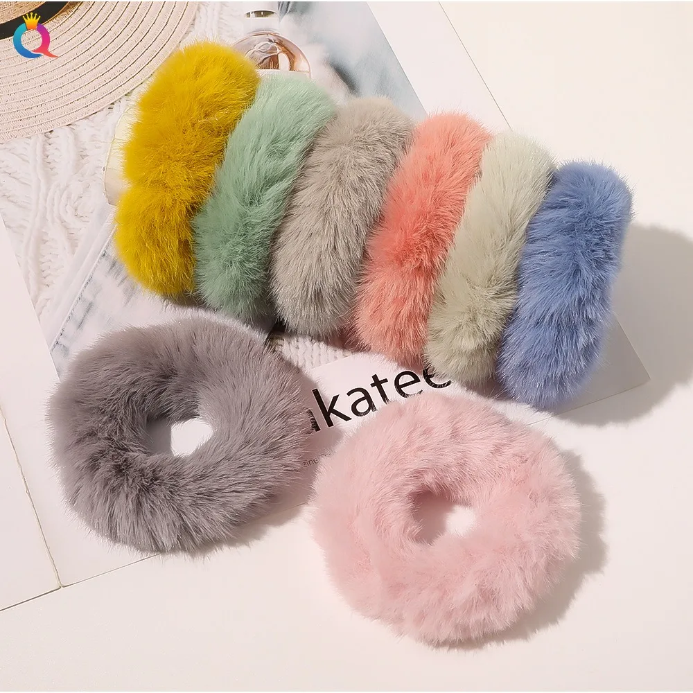 Autumn Soft Hair Tie Women Plush Hair Rope Candy Color Rabbit Fur Hair Scrunchies Pink Yellow Ponytail Hair Band