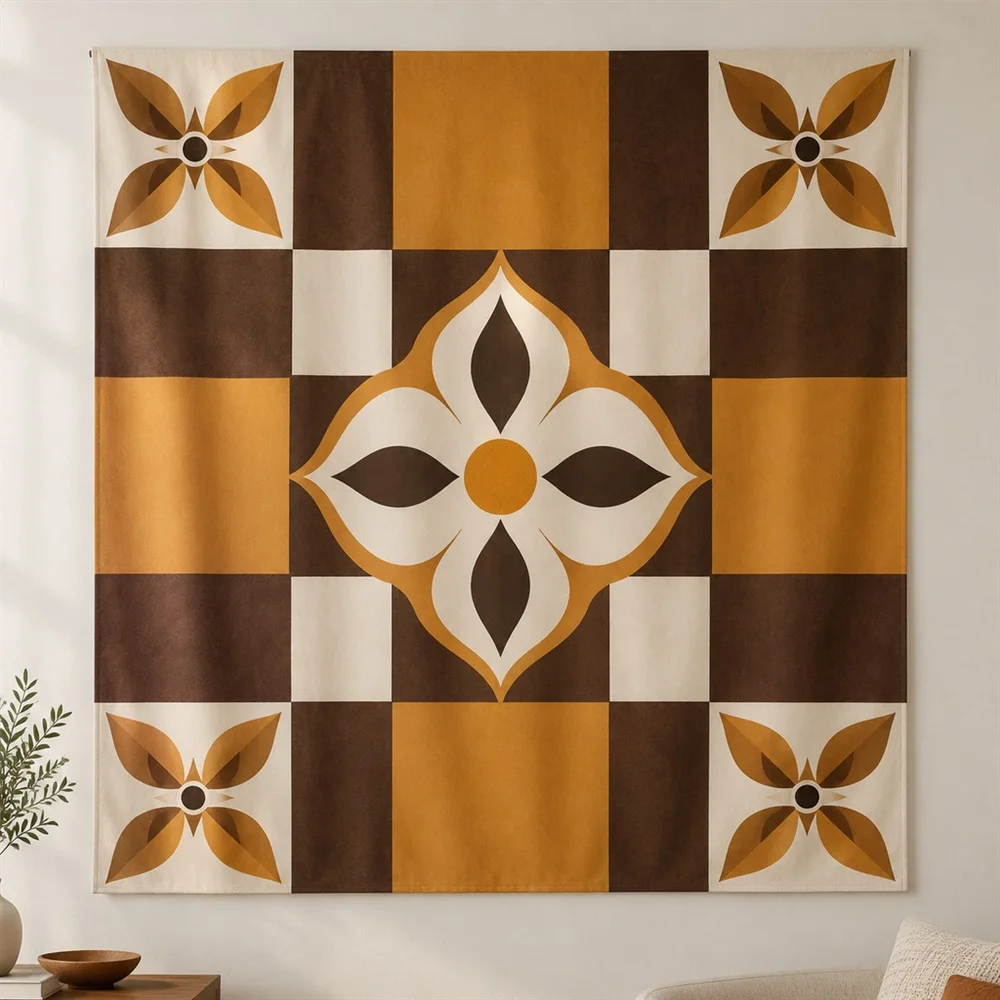 VIKAMA Grid Color Blocks Corner Motif Modern Tapestry Wall Hanging, Aesthetic Modern Room Decor Tapestries for Bedroom Nursery