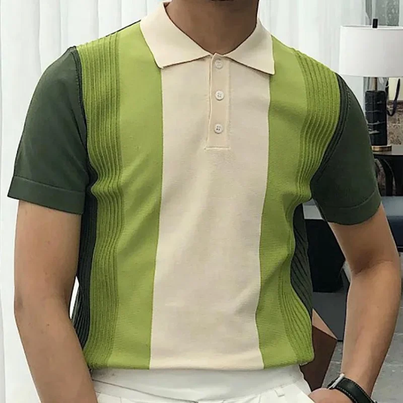 

New Mens Top Summer Green Striped Knit Sweater Lapel Short Sleeve Polo Shirt T-shirt for Men