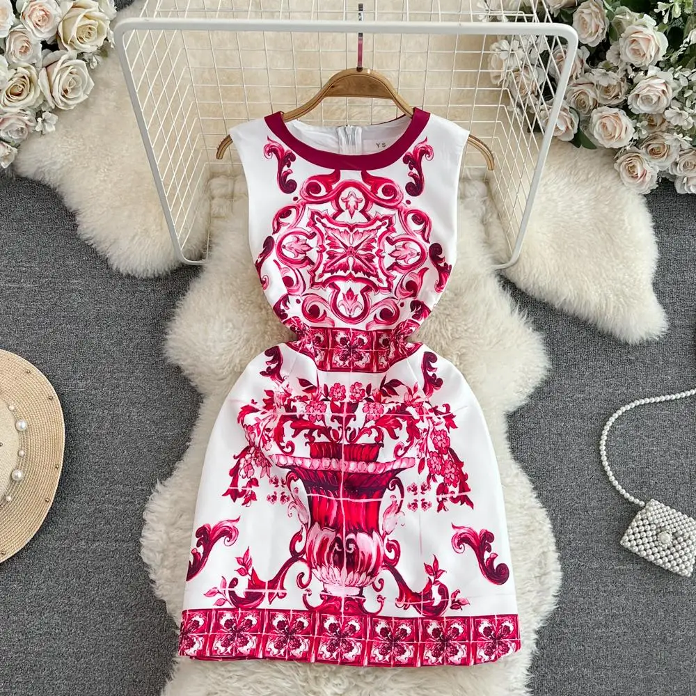 Fashion Runway Summer Short Dress Women's Sleeveless Red Blue And White Porcelain Flower Print Holiday Tank Mini Vestidos