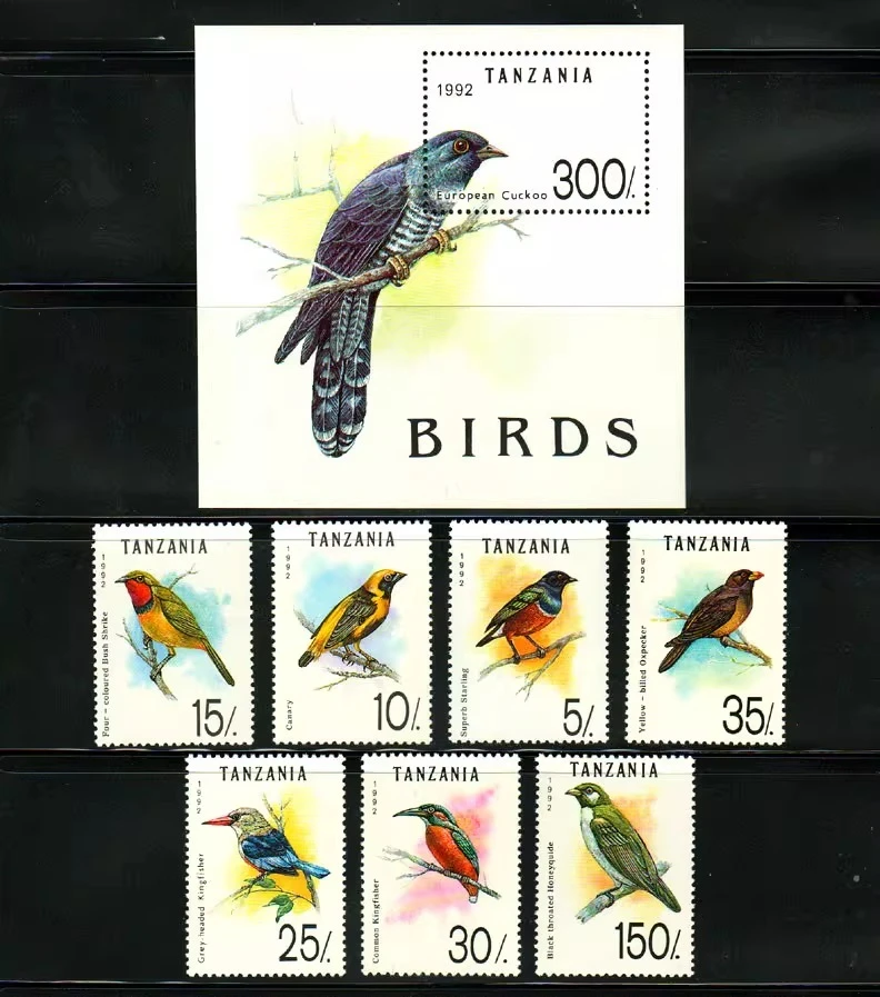 8 unids/set nuevo sello postal de Tanzania 1992 pájaro Rododendro, sellos postales de urraca halcón azul MNH con hoja de recuerdo
