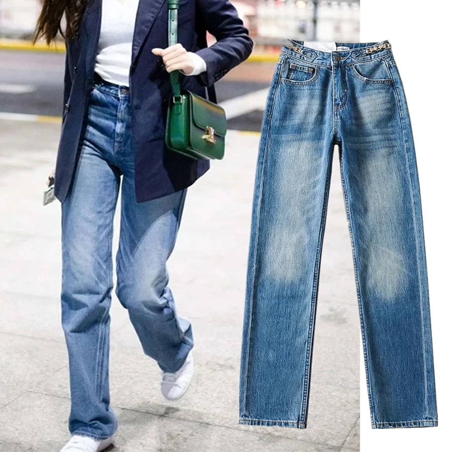 

Withered Vintage Mom Jeans Women England High Street Washed Blue Chain High Waist Straight Jeans Denim Pants Women