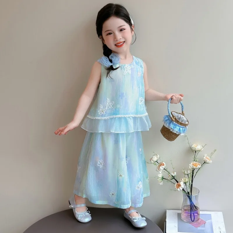 

Girls' Summer Set 2026 New Style Children's Fashionable and Western Chinese Style Wide Leg Pants Two Piece Set