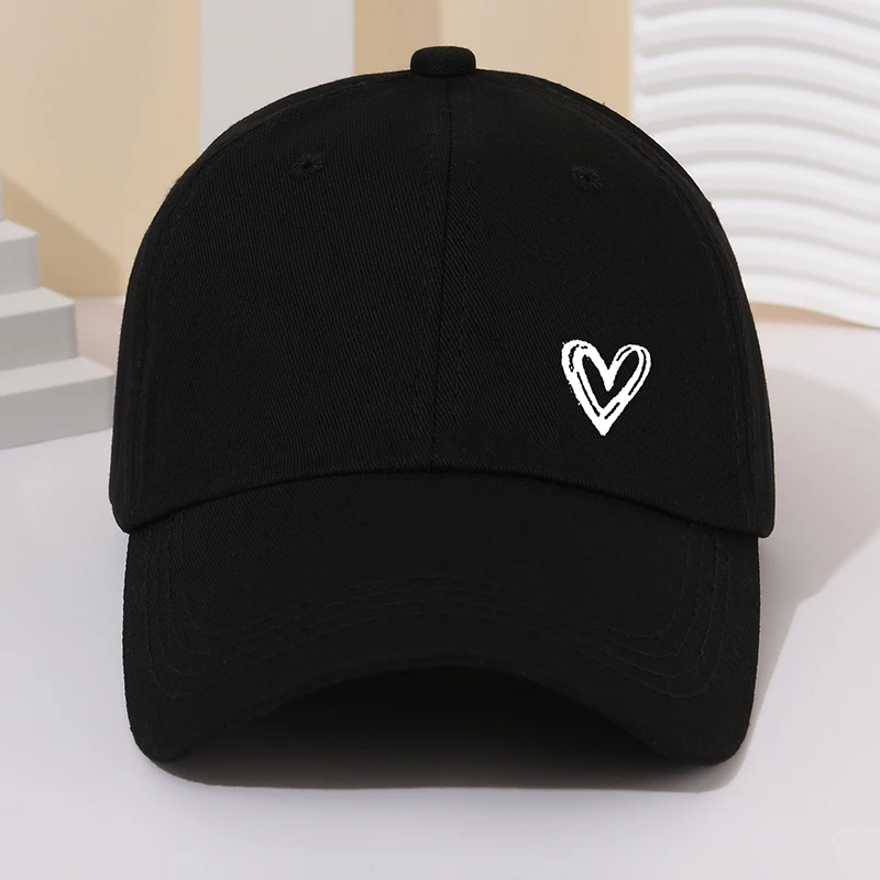 Couple Love Heart Print Baseball Cap Solid Color Cotton Peaked Hat Korean Women Men Adjustable Sun Visors