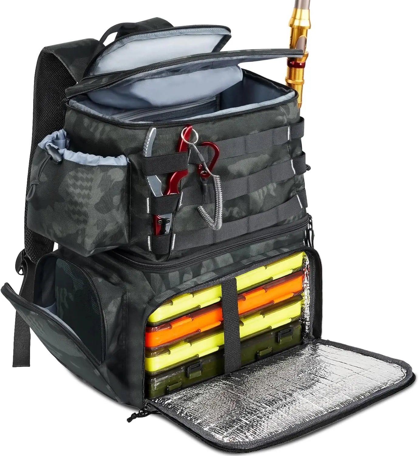 

Fishing Backpack, Water Resistant Fishing Tackle Box Bag with Rod Holders & Cooler, Gear Gifts for Men