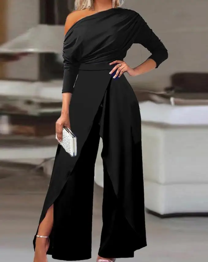 Damen overall plissiert kalte Schulter lang ärmel igen Schlitz Saum hoch tailliert weites Bein lässig eleganter Overall