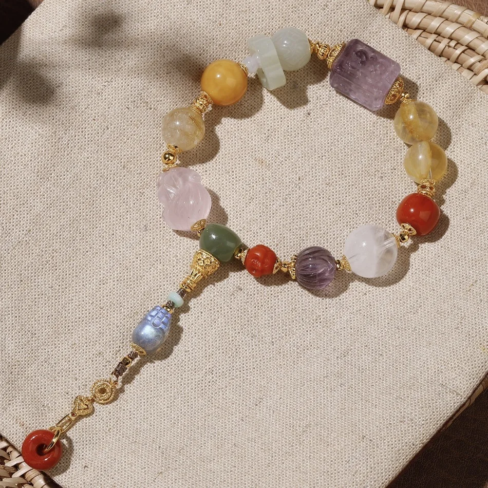 Natural Multi-Gemstone Tassel Bracelet with Amber, Red Agate, Hetian Jade & Quartz