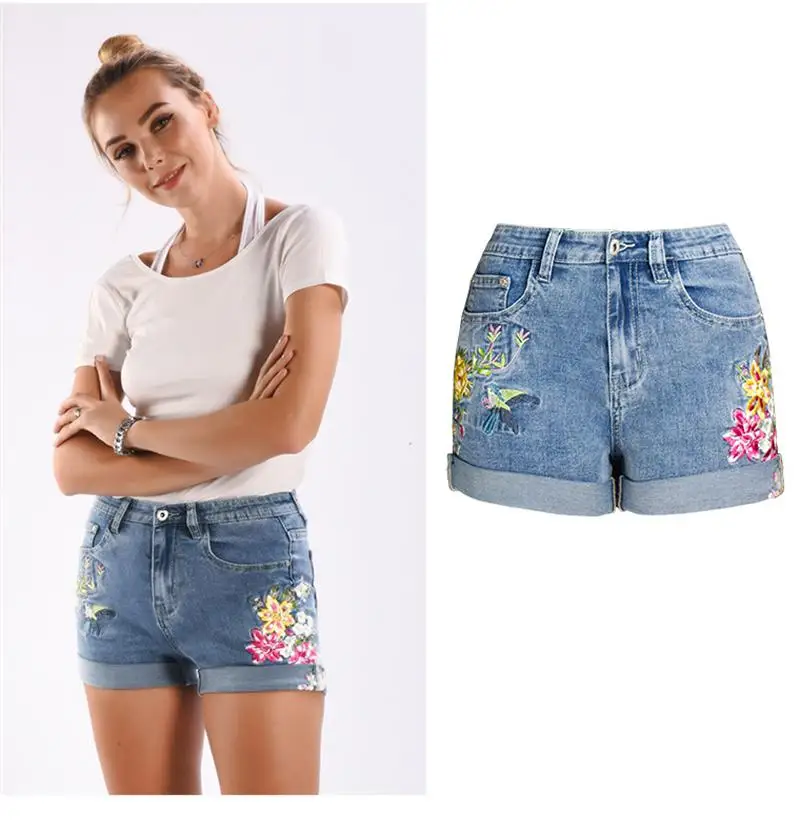 

New Styledenim Shorts For Womenwomen's High Waist Summer New Street INS Net Red Girl Flower Pattern Embroidered Denim Shorts Hot