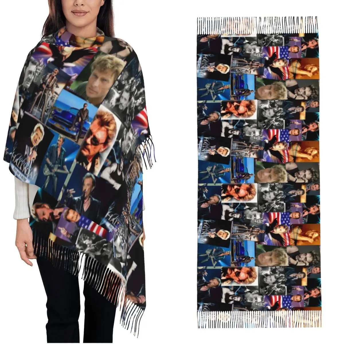 

Johnny Hallyday French Singer Shawls Wraps Women Winter Large Long Scarf Vintage Collage Pashminas Tassel Scarves