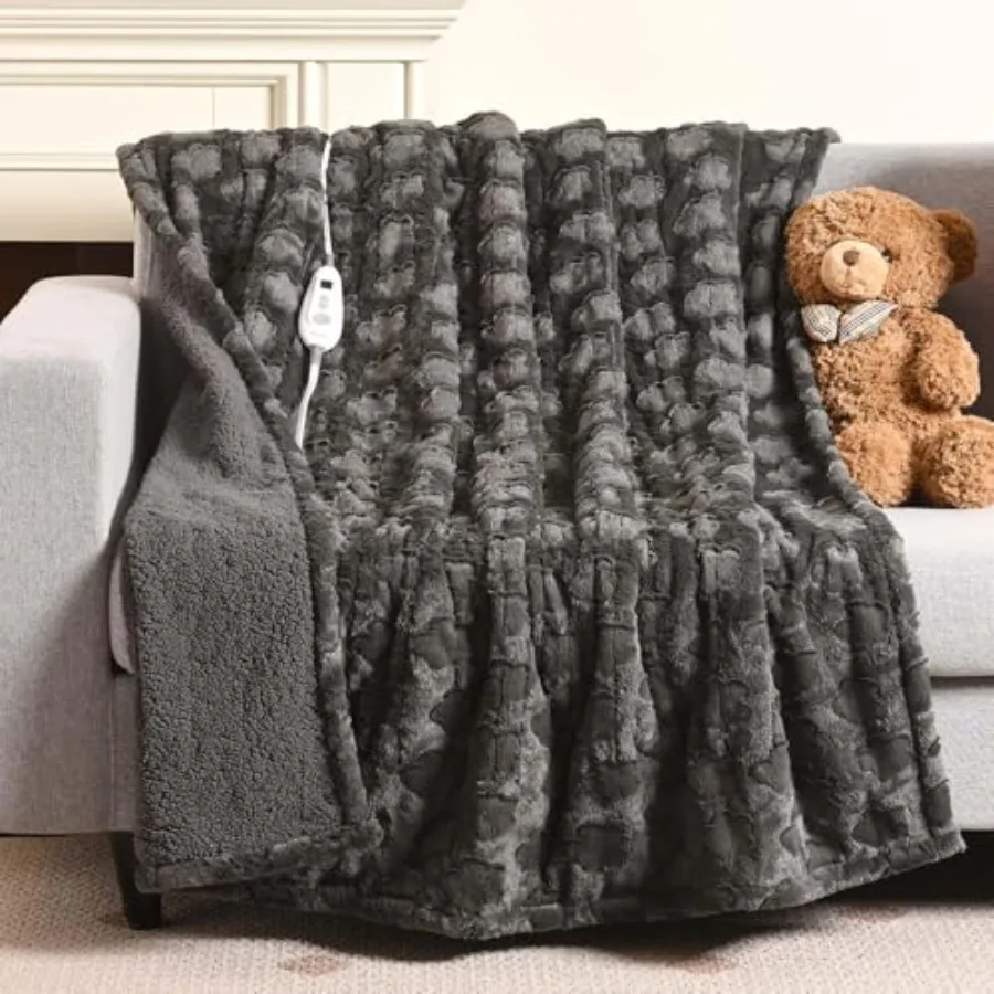 

Heated Throw Blanket 50"×60" Electric Throw Grey Flower Patterns Faux Fur and Warm Sherpa 4h Auto-Off Timer and 6 Heating Level