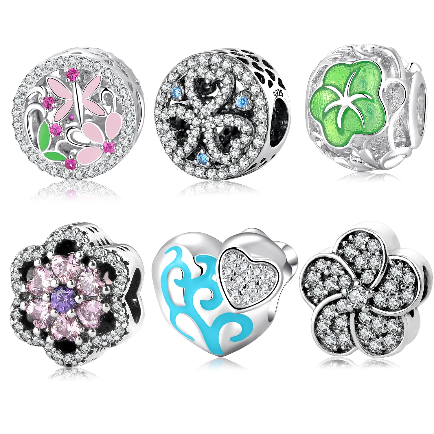 

925 Sterling Silver Insect Flowers Beads Pink CZ Heart Charms DIY Gift Fit Original JIUHAO Charm Bracelet Jewelry Making