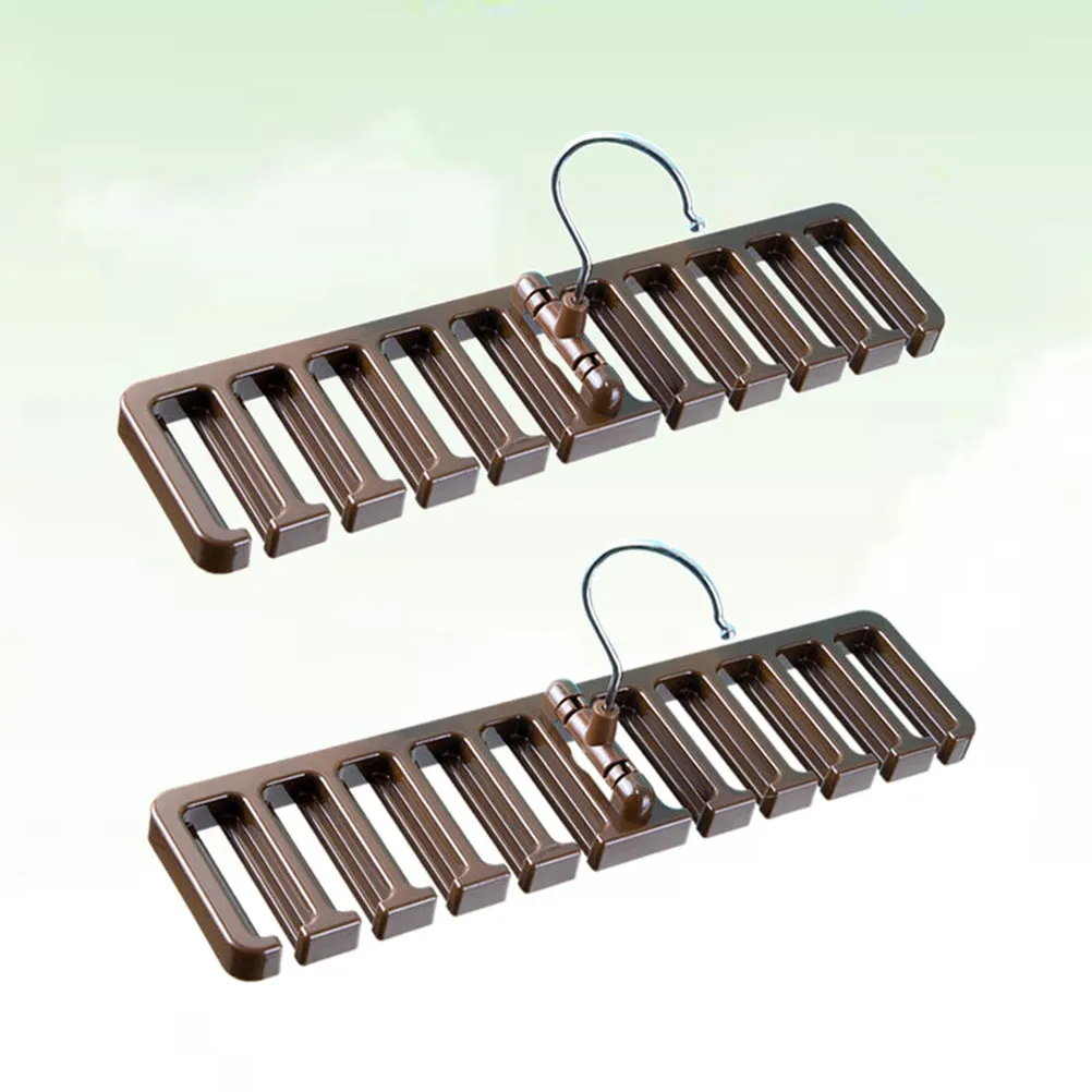 2Pcs Plastic Necktie Hanger with Anti-Slip Arms Holds 10 Ties Belts Scarves Compact Organizer for Closet Wardrobe Bathroom Brown view 3