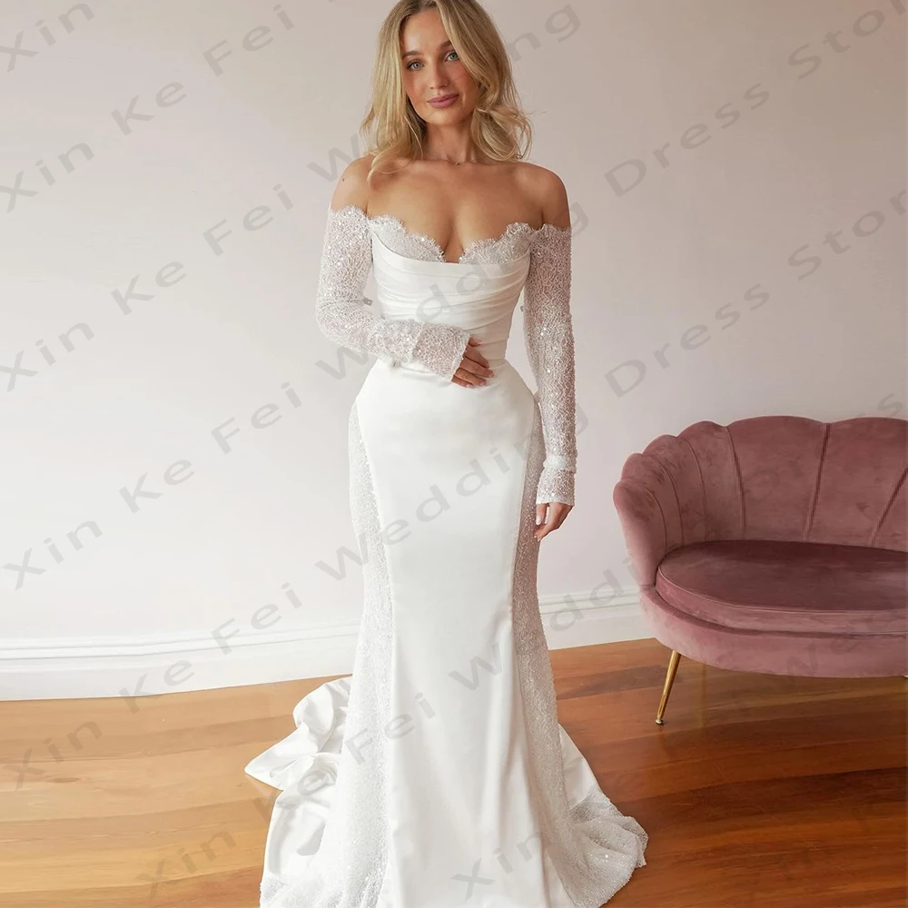 Hermosos vestidos de novia sin espalda, Apliques de encaje, sirena, hombros descubiertos, adelgazamiento Simple, fregado, hechos a medida vestidos de novia, Sexy, nuevo