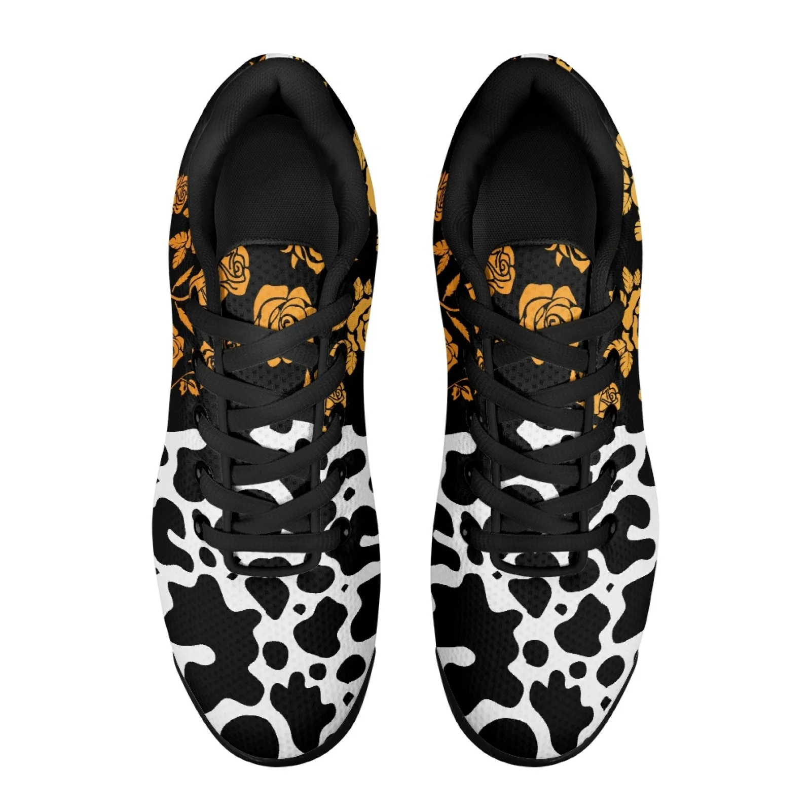 PENSTROLL Rose Cow Print Fashion Lace-up Sneakers Gym Training Walking Shoes for Sports Shock-absorbing Tennis Sneakers