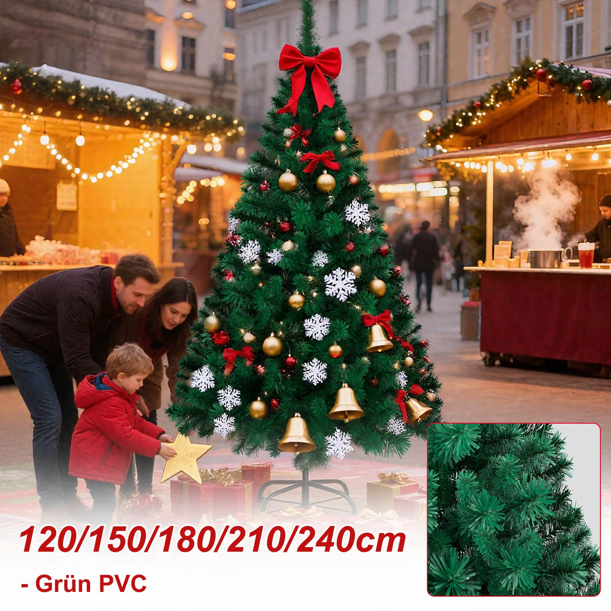 Albero di Natale artificiale in PVC verde, disponibile nelle misure 120/150/180/210/240 cm, con struttura ignifuga e base stabile, facile da montare, decorazione natalizia riutilizzabile per interni