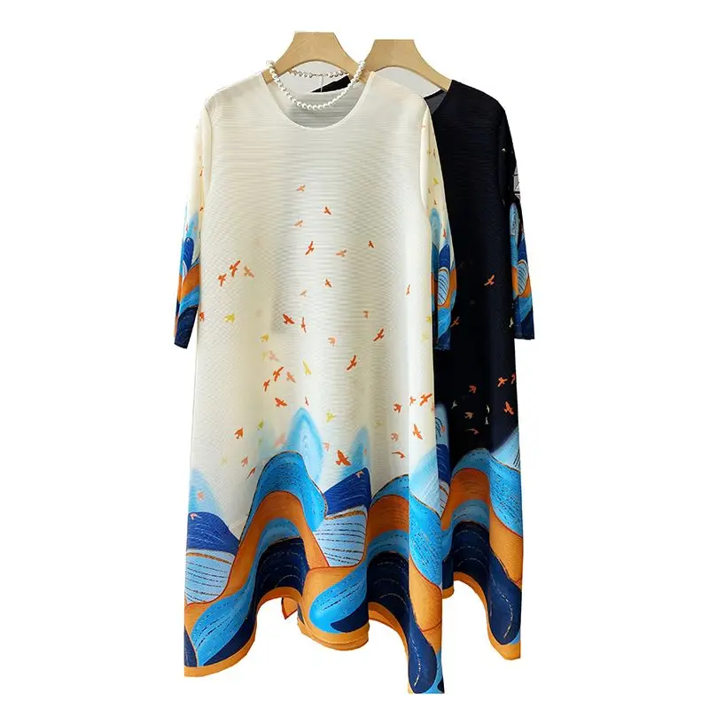 Pleated Women's Dress High end Mid length Loose Print Skirt Spring/Summer New Style  vestido feminino