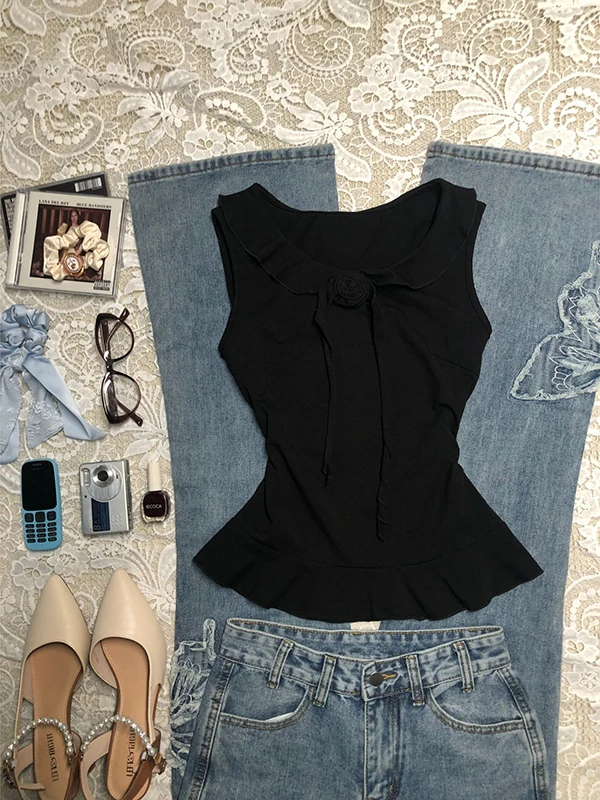 Cseta sin Mangas Vintage con Estampado de Rosas Neas para Mujer, Diseño con Volantes, Top Sensacional de Verano, Mezcla ...