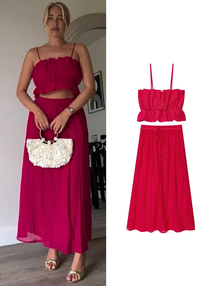 

TFMLN Новая юбка-слинг, женский комплект, повседневная короткая майка с разрезом на шее, юбка-миди с эластичной резинкой на талии, 2024, летние женские пляжные комплекты