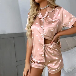 Women's Heart-shaped Print Satin Pajama Pj Set Soft & Comfortable Short Sleeve Buttons Lapel Tops & Shorts Sleepwear Loungewear