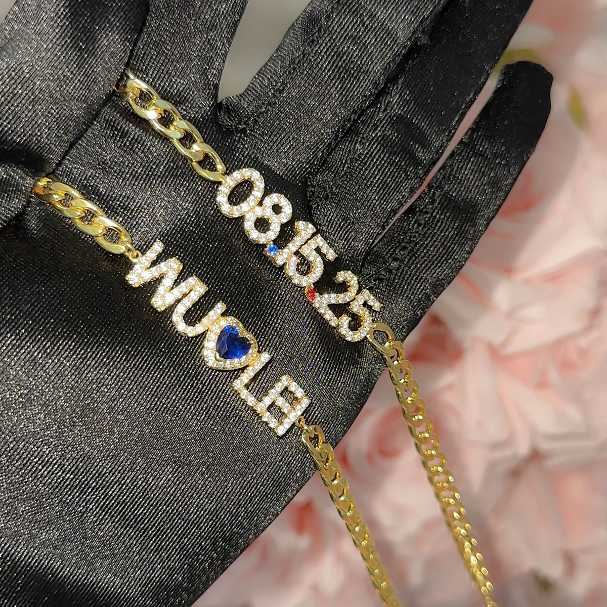 Custom Zircon  Letter Bracelet For Women Heart Colored Birthday Stone Name Bracelet with Thick Cuban Chain Bracelet Fro Women