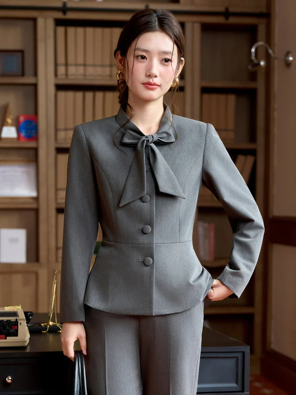 Women's Professional Suit Set with  Knot Long Sleeve Workwear for Hotel Front Desk Autumn Uniform Polyester Fiber