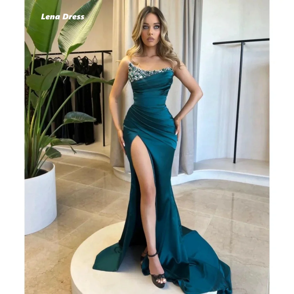 Lena Custom Made Elegant Party Dresses Woman Side Slit Wedding Dress Rhinestones Women Evening Dress Fish Tail Simulated Silk