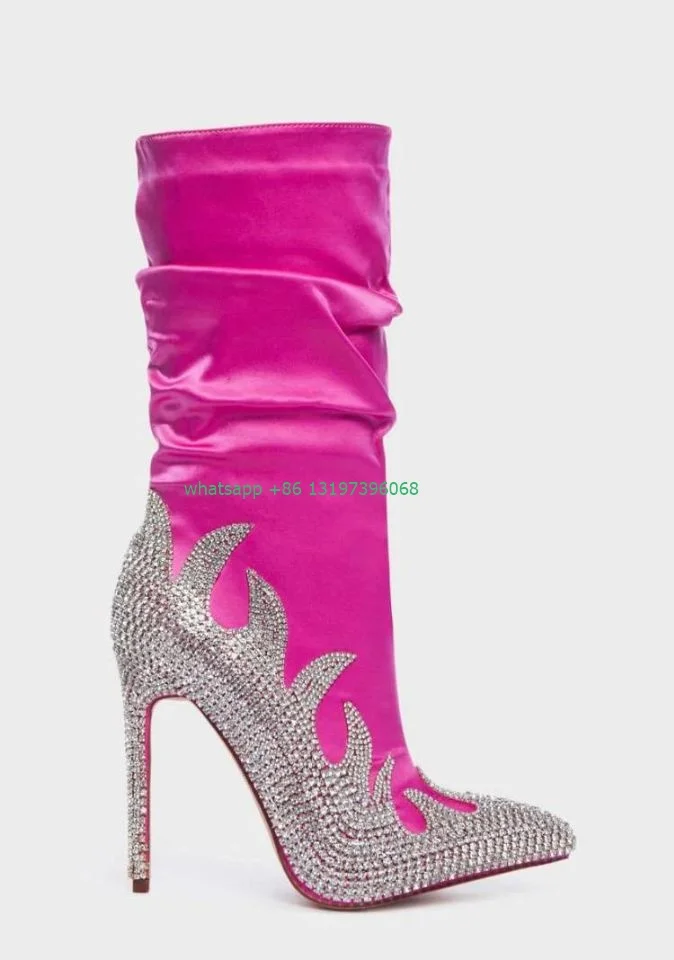 Lady hot pink stain design calf boots fuchsia color pointed toe sequins rhinestone design boots demand pleated style party boots