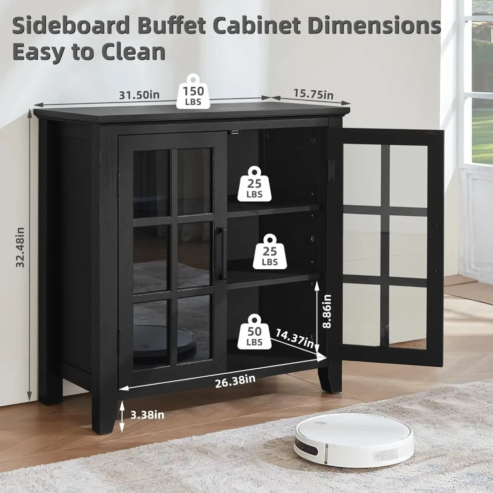 خزانة بوفيه جانبية كبيرة على طراز المزرعة مع مساحة تخزين، 32 خزانة بار نبيذ القهوة تتميز ببابين زجاجيين، مود منتصف القرن #2