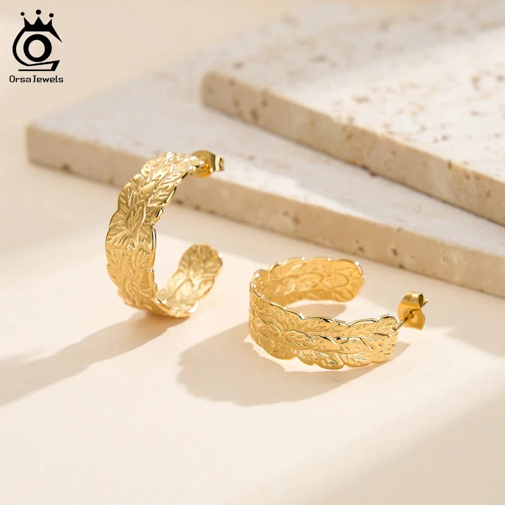 

ORSA JEWELS Stainless Steel 18K Gold PlatedGeometric Hoop Earrings for Women Texture Earrings Wedding Fashion Jewelry STGE05