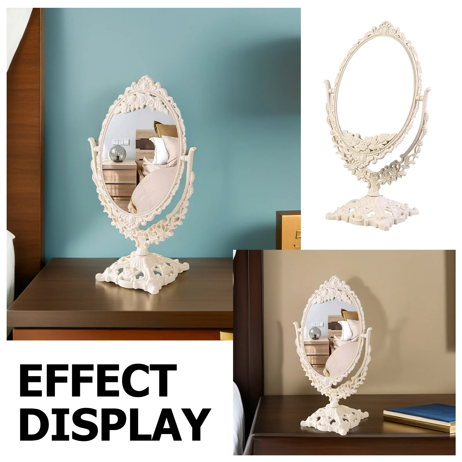 กระจกแต่งหน้าสไตล์ยุโรปย้อนยุค แบบตั้งโต๊ะ ดีไซน์หรูหรา ปรับหมุนได้ กระจกความละเอียดสูง สำหรับห้องนอน