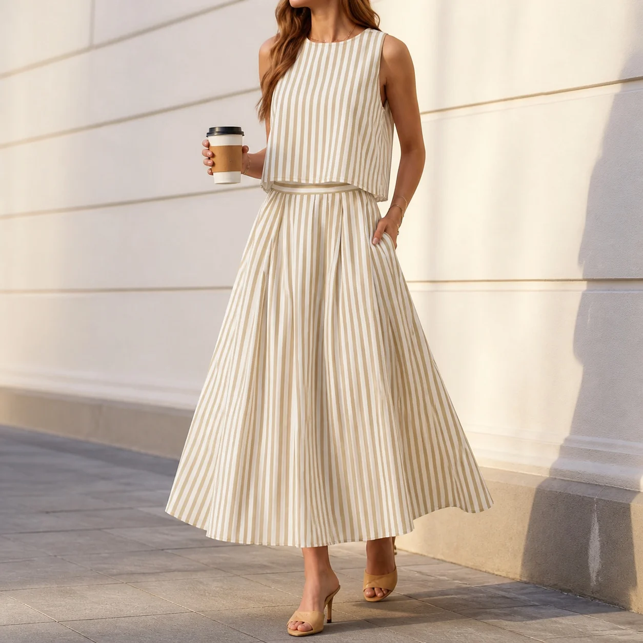 Women's Boho Sleeveless Striped Midi Dress Summer 2-Piece Matching Set Casual Printed Skirt Outfit Women's Clothing Sets