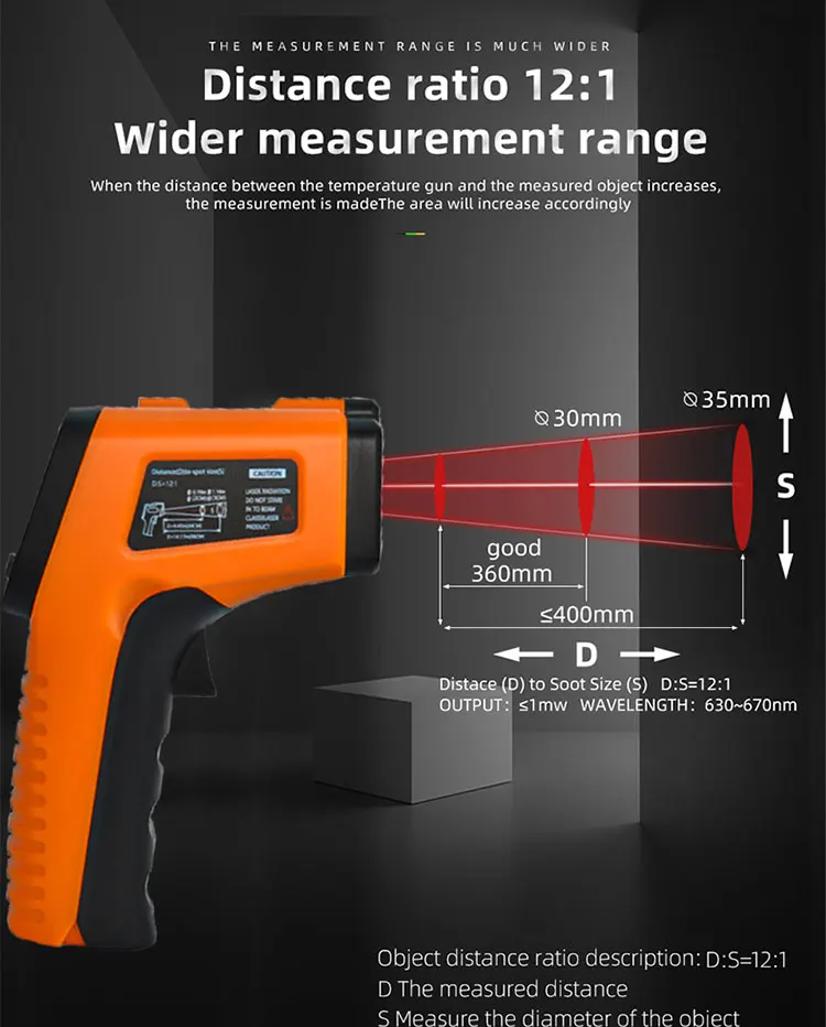 Hochempfindliche digitale Infrarot-Messpistole, Hygrometer, Hintergrundbeleuchtung, Bildschirm, Laserpositionierung, berührungslose Temperatur – Detail 11