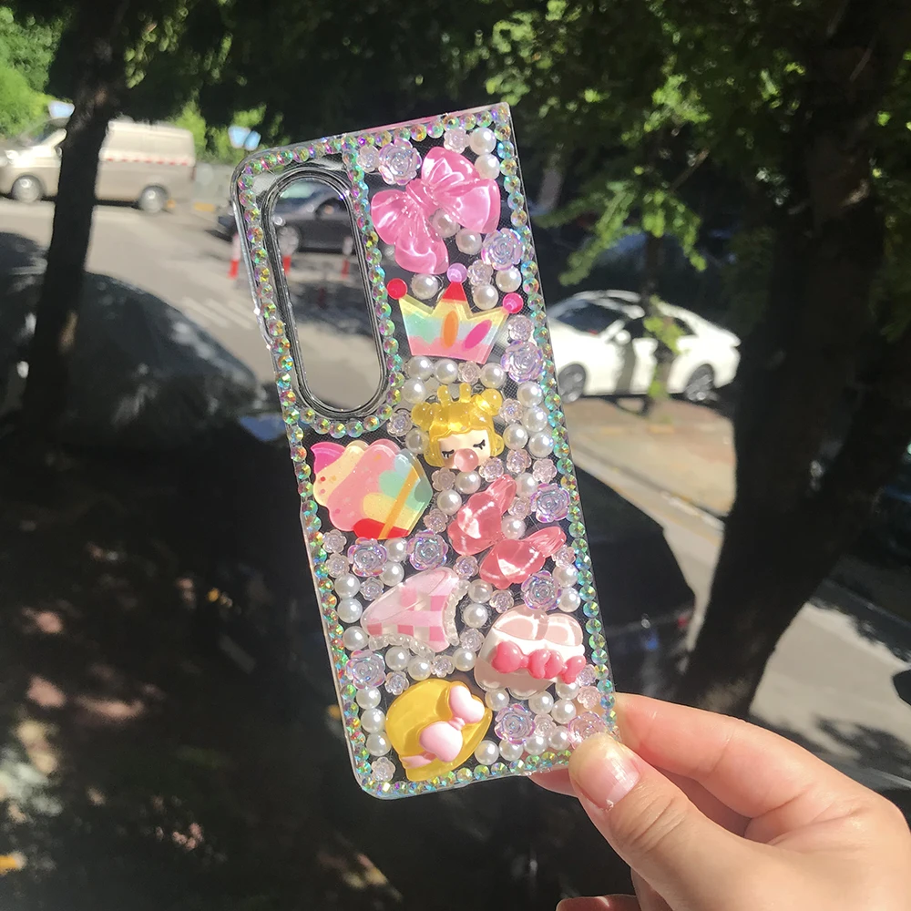 Summer Cute Swimwear Hat Sandals Ice-cream Phone Case For Samsung Galaxy Z Fold 5 4 3 2 Bling Rhinestone Flowers Clear PC Cover