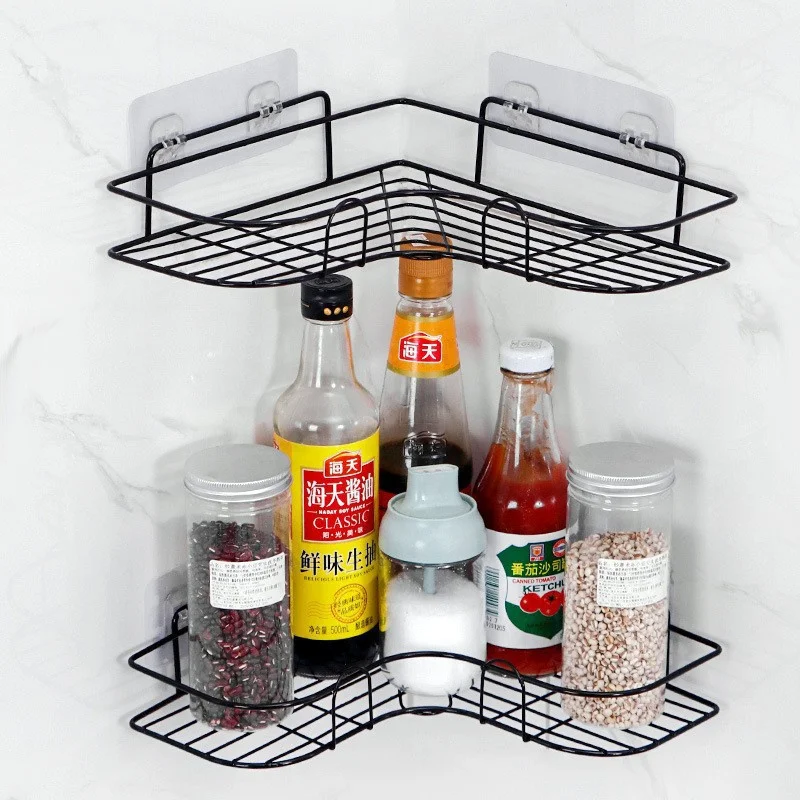 Bathroom Shelf Corner Wall Mount Storage Rack Wrought Iron Shampoo Storage Holder with Suction Cup Kitchen Bathroom Accessories