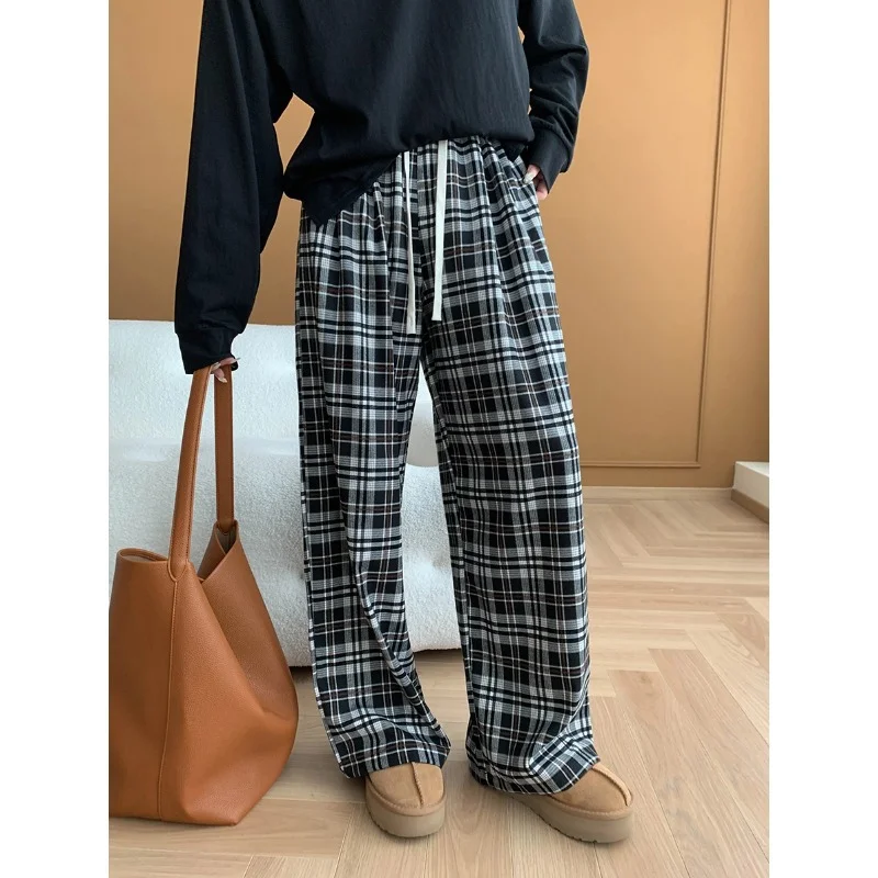 

Drawstring Elastic High Waist Plaid Straight Wide Leg Pants 2024 Autumn Staight Street Style Black Red Checkered Pant