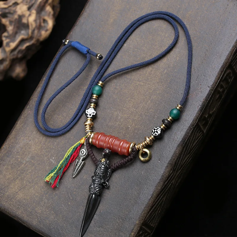 Tibetan Heavenly Iron Pupa Diamond Stake Pupa Stump Pendant Sweater Chain Cultural Play Agate Handmade Weaving Rope Necklace