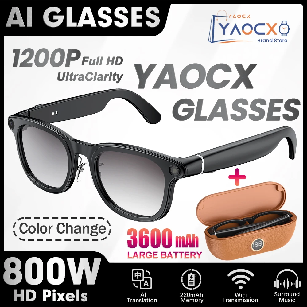 Lunettes intelligentes IA avec assistant vocal intégré, caméra ultra-claire 800W, appels Bluetooth, 