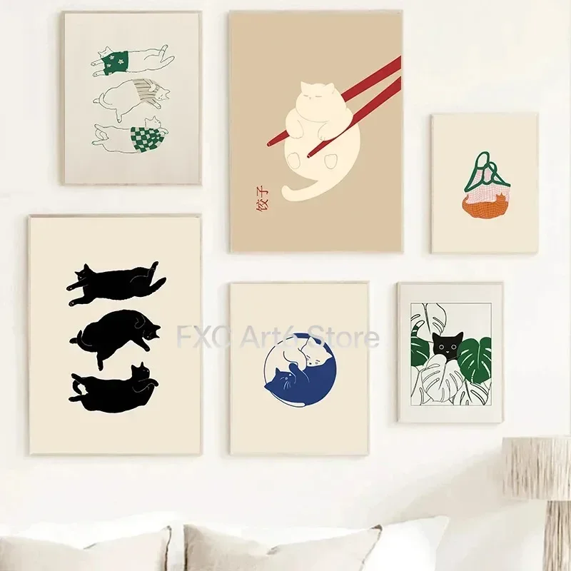 1 Stück Rahmenloses Lustiges Katzen-Dumpling-Poster, Abstrakte Linien-Illustration, Leinwanddruck, Nordische Wandkunst, Badezimmerbilder