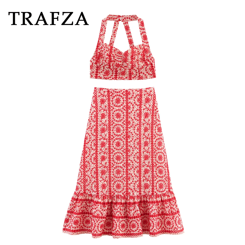 

TRAFZA Red Floral Embroidery Hollow out Fashion 2025 Vintage Woman Suit Sexy Short Off-Shoulder Backless Top+Bohemian Long Skirt