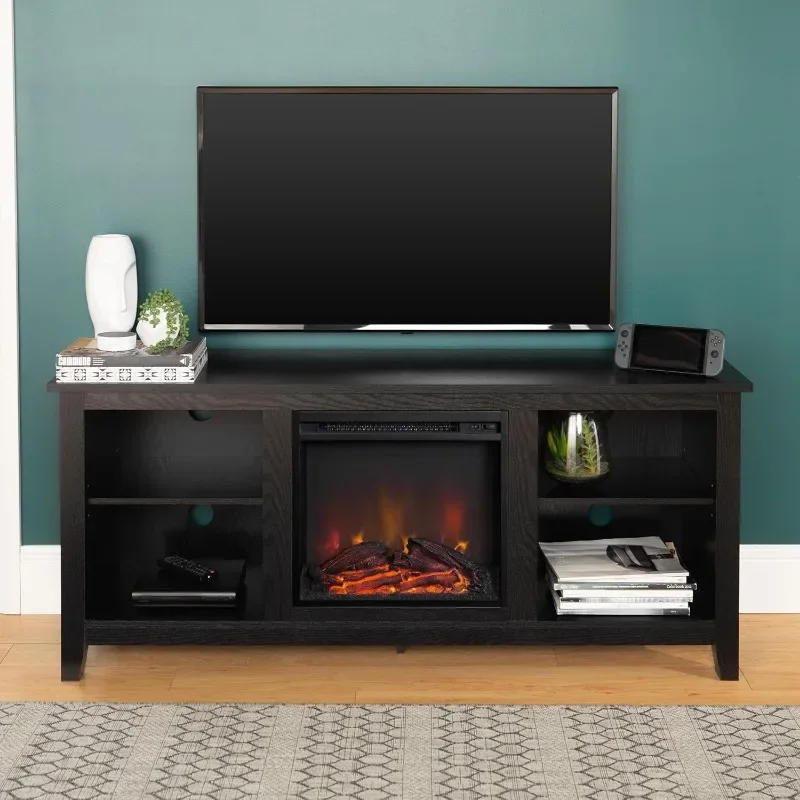 حامل تلفزيون Walker Edison Wren Classic 4 Cubby Fireplace لأجهزة التلفاز حتى 65 بوصة، 58 بوصة، أسود